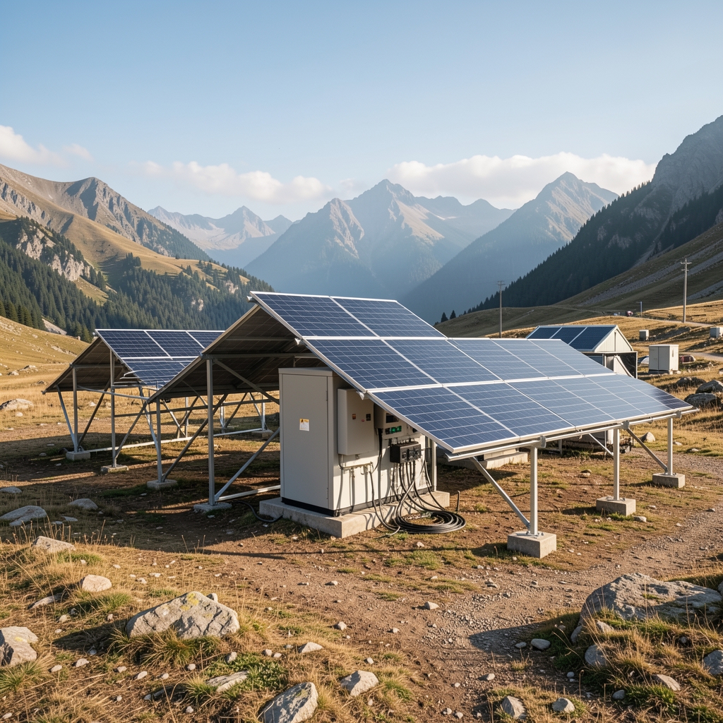 Dağ kamp alanında taşınabilir enerji istasyonu ve solar panel kurulum düzeni