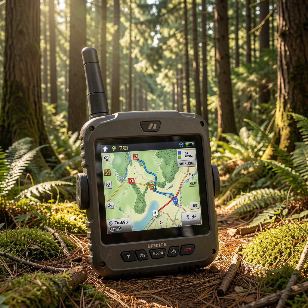 Kapalı orman arazisinde GPS navigasyon cihazı trekking rotası gösterimi