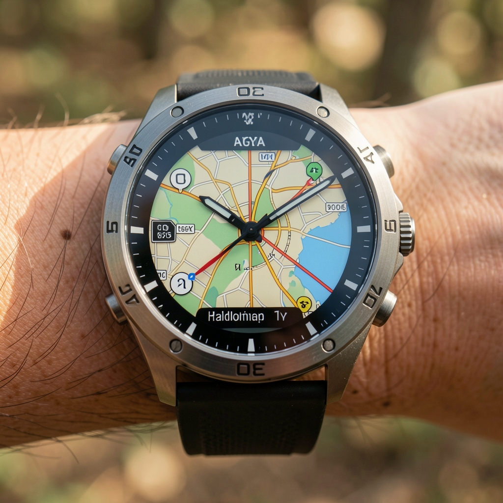 Kaya yüzeyine bırakılmış outdoor GPS saati harita rotası açık ekranda