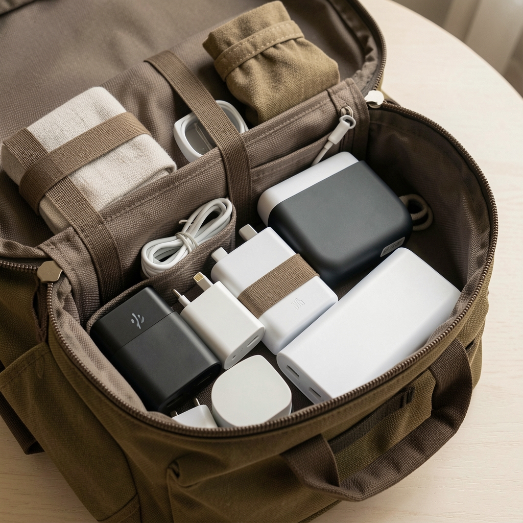 Seyahat çantası içinde düzenlenmiş çeşitli USB-C power bank şarj cihazları