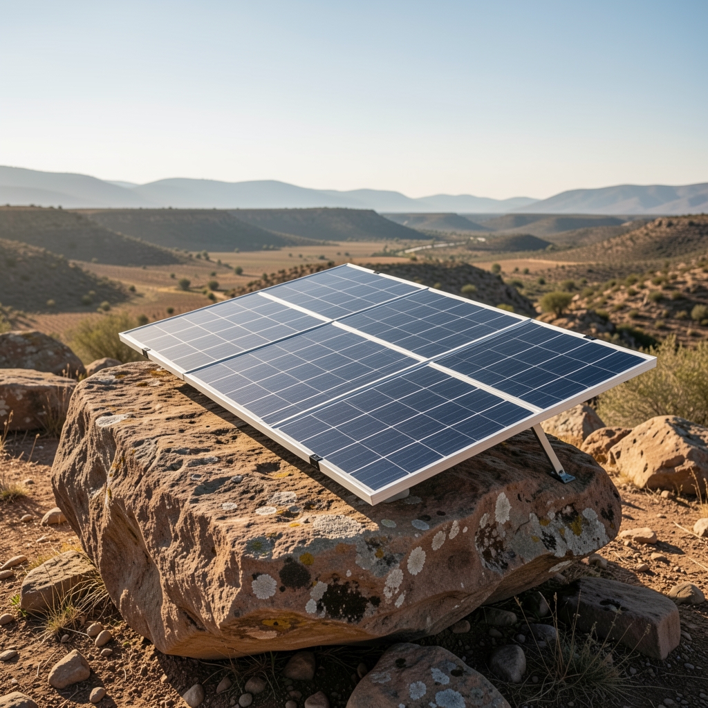 Kamp alanında kaya üzerine açılmış katlanabilir solar panel güneş ışığını alırken