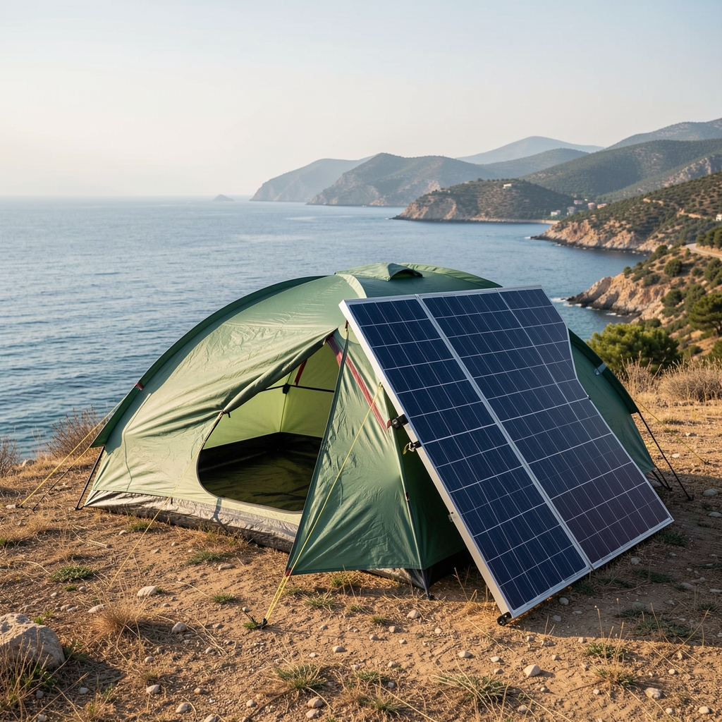 Türkiye Akdeniz kıyısında kamp çadırı yanına monte edilmiş katlanabilir solar panel