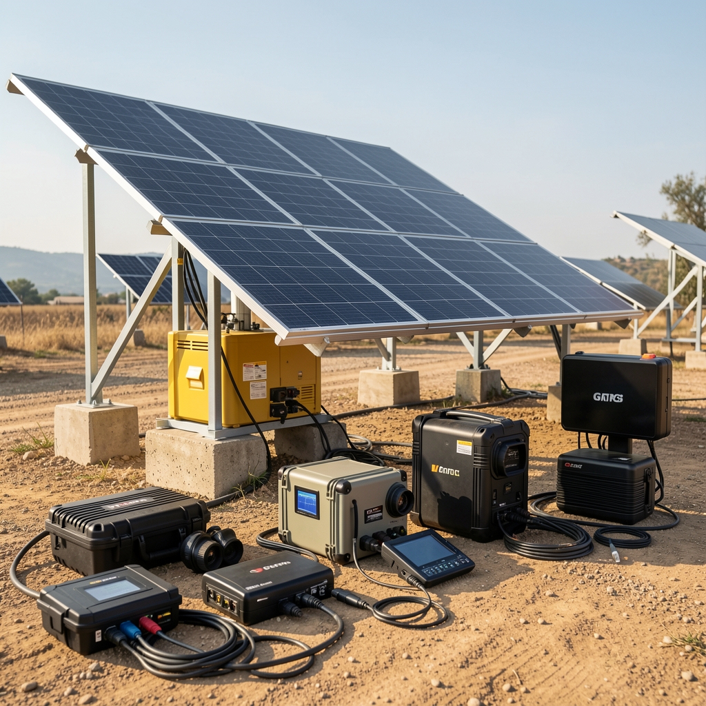 Çeşitli outdoor teknoloji ekipmanları düzenli yerleştirilmiş GPS cihaz solar panel enerji istasyonu