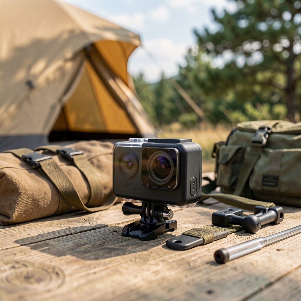 Insta360 X4 360 derece aksiyon kamerası ikili lens sistemi kamp ekipmanları yanında
