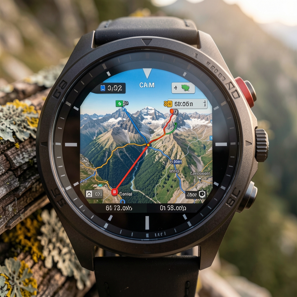 Suunto Vertical GPS outdoor saati cam yüzeyi ve dağ rotası haritası ekranda